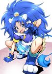  :d animal_ears blue_eyes blue_footwear blue_gloves blue_hair blue_shirt blue_skirt crown cure_gelato extra_ears full_body gloves highres kirakira_precure_a_la_mode lion_ears lion_tail long_hair looking_at_viewer magical_girl mini_crown nakahira_guy open_mouth petticoat precure shirt shoes skirt smile solo squatting tail tategami_aoi 