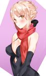  artoria_pendragon_(all) bare_shoulders benten_(ioj3446) black_dress black_gloves blonde_hair breasts cleavage dress elbow_gloves eyebrows_visible_through_hair fate/stay_night fate_(series) gloves highres looking_at_viewer medium_breasts parted_lips pink_background red_scarf saber_alter scarf shiny shiny_hair short_hair sleeveless sleeveless_dress solo two-tone_background upper_body yellow_eyes 