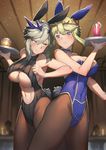  animal_ears artoria_pendragon_(all) artoria_pendragon_(lancer) artoria_pendragon_(lancer_alter) backless_outfit bangs bare_shoulders black_leotard blonde_hair blue_leotard blurry blurry_background blush braid breasts bunny_ears bunny_tail bunnysuit candle choker collarbone commentary_request covered_navel cup drink drinking_glass dual_persona elbowing fate/grand_order fate_(series) french_braid green_eyes grey_hair hair_between_eyes hair_bun highleg highleg_leotard highres indoors large_breasts leotard looking_at_another looking_to_the_side multiple_girls navel navel_cutout pantyhose pyz_(cath_x_tech) ribbed_leotard sideboob sidelocks sparkle table tail thighs tray underboob yellow_eyes 