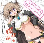  ahoge blush breasts brown_eyes hair_ornament large_breasts long_hair long_sleeves navel open_mouth panties purple_eyes sennen_sensou_aigis solo sorano_(sennen_sensou_aigis) sword translated tsuzuri_(tuzuri) underboob underwear weapon 