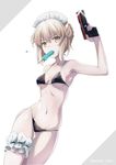  arm_behind_back artoria_pendragon_(all) artoria_pendragon_(swimsuit_rider_alter) ass_visible_through_thighs bangs bare_arms bare_shoulders bikini black_bikini blonde_hair braid breasts breasts_apart collarbone commentary_request contrapposto cowboy_shot eyebrows_visible_through_hair fate/grand_order fate_(series) finger_on_trigger fingernails food french_braid frills groin gun hair_between_eyes hair_bun hand_on_hip hand_on_thigh hand_up handgun highres holding holding_gun holding_weapon leg_garter long_fingernails looking_at_viewer maid maid_bikini maid_headdress medium_breasts mouth_hold navel popsicle puma_(hyuma1219) revision short_hair sidelocks simple_background small_breasts solo standing stomach swimsuit thigh_gap tsurime twitter_username underboob weapon white_background yellow_eyes 