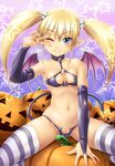  ;) absurdres animal_print areola_slip areolae bat_print blonde_hair blue_eyes blush breasts cameltoe cleavage_cutout collar covered_nipples demon_girl demon_tail demon_wings elbow_gloves eyebrows_visible_through_hair gloves hair_bobbles hair_ornament highres jack-o'-lantern kagehara_hanzou micro_panties navel o-ring o-ring_top one_eye_closed original panties partially_visible_vulva pointy_ears pumpkin sitting sitting_on_object skull_hair_ornament small_breasts smile solo spread_legs star striped striped_legwear tail thighhighs twintails underwear v_over_eye wings 