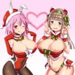  2girls :q animal_ears bangs bare_shoulders bell blue_eyes blunt_bangs blush bow bowtie breasts brown_hair brown_legwear bunny_ears bunny_tail covered_navel detached_collar double_v fake_animal_ears fake_tail hairband hat heart highleg highres inverted_nipples jingle_bell large_breasts leotard long_hair looking_at_viewer multiple_girls navel nipple_slip nipples one_eye_closed open_mouth original pantyhose pink_eyes pink_hair pubic_hair red_leotard santa_hat short_hair smile tail tongue tongue_out v zaxwu 