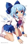  all_fours bangs blue_bow blue_dress blue_eyes blue_hair bow candy cirno commentary_request dress eyebrows_visible_through_hair food food_in_mouth hair_bow heart ice ice_wings kneeling leaning_forward lollipop looking_at_viewer masaru.jp puffy_short_sleeves puffy_sleeves red_ribbon ribbon short_hair short_sleeves simple_background socks solo tan touhou twitter_username white_background white_legwear wings wrist_cuffs 