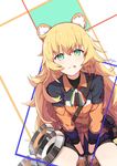  abstract_background animal_ears aqua_eyes arms_between_legs bangs blonde_hair cowboy_shot girls_frontline gloves green_eyes hair_between_eyes highres jacket long_hair looking_at_viewer messy_hair outside_border s.a.t.8_(girls_frontline) signature sitting solo tongue tongue_out v_arms wing_collar zhayin-san 