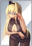  arm_up bare_shoulders blonde_hair blue_eyes breasts cleavage crown curvy glasses hair_between_eyes hair_ornament hand_on_eyewear highres kantai_collection large_breasts long_hair looking_at_viewer meme_attire open-chest_sweater open_mouth pantyhose plump senwa sidelocks simple_background solo sweater warspite_(kantai_collection) 