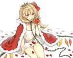  alternate_costume bangs blonde_hair cape chain collar crown eating fangs flandre_scarlet food fruit hair_ribbon holding holding_food holding_fruit itak69 petals red_eyes red_ribbon ribbon rose_petals shirt simple_background sitting solo touhou white_background white_shirt wings 