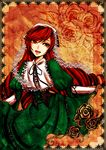  brown_hair corset dollazure dress floral_background floral_print framed_image frills gothic_lolita green_dress green_eyes headpiece heterochromia lolita_fashion long_hair open_mouth puffy_sleeves red_eyes rozen_maiden skirt_hold smile solo suiseiseki 