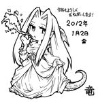  2012 :o bare_shoulders belt belt_buckle breasts breathing_fire buckle chibi chinese_zodiac cleavage collarbone dated dragon_girl dragon_tail dragon_wings dress eyebrows eyelashes final_fantasy final_fantasy_tactics fire frilled_sleeves frills full_body greyscale hair_intakes half-closed_eye jitome kokujuu kotoyoro large_breasts lineart long_hair long_sleeves looking_away looking_to_the_side monochrome new_year off_shoulder open_mouth paw_print pointy_ears reis_duelar scales simple_background skirt_hold slit_pupils solo straight_hair tail translation_request tsurime very_long_hair white_background wings year_of_the_dragon 