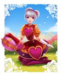  absurdres alternate_costume alternate_hair_color blue_sky bush cloud day doll_joints double_bun full_body grass hairband heartseeker_orianna highres kinnohome kneeling league_of_legends looking_at_viewer orianna_reveck purple_eyes sky solo white_hair 