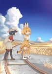  :d animal_ears ankle_boots backpack bag bare_shoulders black_gloves black_hair black_legwear blonde_hair boots bow bowtie cloud commentary_request day elbow_gloves eyebrows_visible_through_hair from_side gloves hat hat_feather hatafuta high-waist_skirt highres holding_strap kaban_(kemono_friends) kemono_friends looking_at_another looking_back mountain multiple_girls open_mouth pantyhose print_gloves print_legwear print_neckwear print_skirt railroad_tracks red_shirt serval_(kemono_friends) serval_ears serval_print serval_tail shirt short_hair short_sleeves shorts skirt sky sleeveless smile tail thighhighs walking white_footwear white_shirt yellow_eyes zettai_ryouiki 