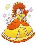  :d blue_eyes blush_stickers brown_hair crown dress earrings flower flower_earrings fukumitsu_(kirarirorustar) gloves hand_on_hip jewelry long_hair mario_(series) open_mouth orange_dress outstretched_arm parody princess_daisy puffy_short_sleeves puffy_sleeves puyopuyo short_sleeves smile solo style_parody super_mario_bros. white_background 