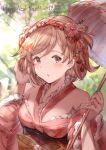  1girl 2019 arm_up bangs bare_shoulders blurry blurry_background blush bow brown_bow brown_eyes brown_hair commentary_request day depth_of_field djeeta_(granblue_fantasy) granblue_fantasy hair_ornament hand_in_hair happy_new_year holding holding_umbrella japanese_clothes kimono looking_at_viewer milli_little new_year obi outdoors parted_lips pink_kimono sash solo striped striped_umbrella sunlight umbrella 