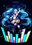 :d absurdly_long_hair anniversary arm_up bangs black_gloves blue_eyes blue_hair commentary_request eyebrows_visible_through_hair full_body gloves hair_ribbon hatsune_miku highres long_hair looking_at_viewer midriff mizumori_(xcllcx) navel open_mouth outstretched_arms ribbon skirt smile solo thighhighs twintails very_long_hair vocaloid 