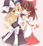  :d ascot bad_id bad_twitter_id blonde_hair blush bow brown_hair commentary detached_sleeves fang hair_bow hair_tubes hakurei_reimu hat heart highres holding_hands interlocked_fingers kirisame_marisa large_bow long_hair looking_at_viewer multiple_girls open_mouth red_eyes skirt skirt_set smile sparkle star touhou tsurime v-shaped_eyebrows vest witch_hat yellow_eyes yellow_neckwear yorurumo yuri 