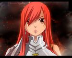 armor armored_dress artist_name bangs dark_background earrings erza_scarlet fairy_tail hair_over_one_eye jewelry kozureokami20 letterboxed long_hair looking_at_viewer parted_lips red_eyes red_hair solo upper_body 