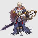 armor boots cape dark_skin dark_skinned_male fantasy full_body gem gloves greaves grey_background hand_on_hip hand_up looking_at_viewer ma-sa male_focus original solo standing sword tan weapon white_gloves white_hair 