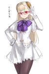  adjusting_eyewear alternate_color bespectacled black_legwear bow capcom_fighting_jam dress glasses gloves hairpods hand_on_hip highres ingrid light_brown_hair long_hair pink-framed_eyewear red_eyes solo tetsu_(kimuchi) white_dress white_gloves 