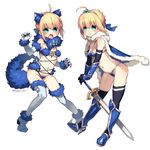  ahoge alternate_color alternate_costume animal_ears armor armored_boots artoria_pendragon_(all) ass bikini bikini_armor blonde_hair blue_bow blue_cape blue_fur blue_ribbon blush boots bow breasts cape capelet commentary_request cosplay dangerous_beast elbow_gloves elizabeth_bathory_(brave)_(fate) elizabeth_bathory_(brave)_(fate)_(cosplay) elizabeth_bathory_(fate) elizabeth_bathory_(fate)_(all) excalibur fate/grand_order fate_(series) fur_trim gloves green_eyes hair_ornament hair_ribbon halloween_costume highres looking_at_viewer mash_kyrielight mash_kyrielight_(cosplay) multiple_girls nabenko navel open_mouth ribbon saber shin_guards simple_background small_breasts swimsuit sword tail thigh_gap tiara twitter_username weapon white_background 