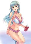  aqua_hair arm_support bikini blush breasts collarbone cup drinking_straw eyebrows_visible_through_hair frilled_bikini frills gradient gradient_background green_eyes hair_ornament hairclip holding holding_cup kantai_collection large_breasts long_hair looking_at_viewer navel open_mouth pink_bikini_bottom saemon_(tonpura) side-tie_bikini simple_background sitting soft_drink solo suzuya_(kantai_collection) swimsuit upper_body wet white_background white_bikini_top 