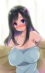  bare_shoulders black_hair blue_eyes blush breasts cleavage kouki_kuu large_breasts leaning_back long_hair looking_at_viewer no_bra off_shoulder original sitting sleeveless smile solo 