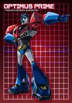  1boy autobot blue_eyes character_name full_body grid grid_background headgear image_sample insignia looking_away looking_to_the_side machine machinery mecha no_humans optimus_prime paintedmike pointing red_background robot solo transformers transformers_animated tumblr_sample 