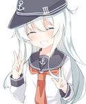  ^_^ ^o^ black_hat black_sailor_collar closed_eyes double_v flat_cap hair_between_eyes hat hibiki_(kantai_collection) kantai_collection long_hair long_sleeves neckerchief open_mouth rateratte red_neckwear sailor_collar school_uniform serafuku silver_hair simple_background smile solo v white_background 