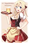  :d absurdres alcohol apron bangs beer beer_mug blonde_hair blue_eyes blush braid breasts character_name cleavage contrapposto cowboy_shot cross-laced_clothes dated dirndl dress english eyebrows_visible_through_hair food german_clothes hair_ribbon happy_birthday high_school_fleet highres holding holding_tray kapatarou long_hair looking_at_viewer medium_breasts oktoberfest open_mouth ribbon sausage short_sleeves smile solo standing traditional_clothes tray two-tone_background wilhelmina_braunschweig_ingenohl_friedeburg 