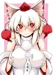  animal_ears azumaya_toushirou blush breast_squeeze breasts closed_mouth commentary_request detached_sleeves hat highres inubashiri_momiji large_breasts looking_at_viewer pom_pom_(clothes) red_eyes self_fondle solo tokin_hat touhou translation_request upper_body white_hair wolf_ears 