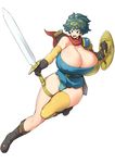 1girl blue_eyes blue_hair blush breasts character_request cleavage curvy erect_nipples full_body huge_breasts open_mouth sasaki_tatsuya short_hair solo sword tagme wide_hips 