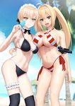  :d ahoge arm_around_waist armpits artoria_pendragon_(all) artoria_pendragon_(swimsuit_rider_alter) asymmetrical_docking bangs bare_legs bikini black_bikini black_bow black_legwear black_neckwear blonde_hair blue_sky blurry blush bow bowtie breast_press breasts commentary_request contrapposto criss-cross_halter day depth_of_field fate/grand_order fate_(series) food frilled_bikini_top from_below green_eyes gun halterneck highres holding holding_food holding_gun holding_weapon large_breasts leg_garter long_hair looking_at_viewer maid_bikini maid_headdress multiple_girls navel neck_garter nero_claudius_(fate)_(all) nero_claudius_(swimsuit_caster)_(fate) open_mouth outdoors popsicle red_bikini red_ribbon ribbon side-tie_bikini skindentation sky smile standing stomach striped striped_bikini swimsuit tai_(2vs) thighhighs thighs tsurime twintails underboob weapon yellow_eyes 