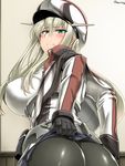  anchor ass black_gloves black_pants blonde_hair blue_eyes blush breasts capelet closed_mouth covered_nipples from_behind from_below gloves graf_zeppelin_(kantai_collection) grey_jacket hair_between_eyes hat impossible_clothes indoors jacket kantai_collection large_breasts latex long_hair long_sleeves looking_at_viewer looking_back looking_down pants pantyhose peaked_cap pleated_skirt saizu_nitou_gunsou shiny shiny_clothes sidelocks skin_tight skirt skirt_lift smile solo twintails twitter_username white_cap 