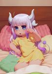  ahoge alkemanubis bed bed_frame blanket blue_eyes hair_down highres horns kanna_kamui kobayashi-san_chi_no_maidragon lavender_hair long_hair looking_at_viewer multicolored_hair nightgown open_mouth pillow puffy_short_sleeves puffy_sleeves reclining short_sleeves solo tail two-tone_hair waking_up 