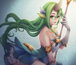  alternate_costume alternate_hair_color alternate_hairstyle armlet ballpoint_pen_(medium) bare_shoulders breasts elbow_gloves gloves green_eyes green_hair highres horn kinnohome large_breasts league_of_legends long_hair looking_at_viewer magical_girl pointy_ears solo soraka staff standing star_guardian_soraka traditional_media very_long_hair white_gloves 
