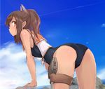  arm_support ass beach blue_swimsuit blush brown_eyes brown_hair closed_mouth cloud day gun hair_ornament hairclip i-401_(kantai_collection) kantai_collection leaning_forward long_hair looking_at_viewer ocean outdoors ponytail revision rock school_swimsuit sky solo swimsuit tan thigh_strap weapon yumesato_makura 
