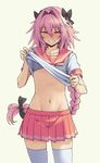  astolfo_(fate) black_bow blush bow braid commentary_request empty_eyes fate/apocrypha fate/grand_order fate_(series) hair_intakes hair_ribbon highres long_hair looking_at_viewer male_focus multicolored_hair navel otoko_no_ko pas_(paxiti) pink_hair pink_sailor_collar purple_eyes red_sailor_collar red_skirt ribbon sailor_collar school_uniform shirt_lift single_braid skirt smile streaked_hair very_long_hair 