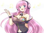  :d aqua_eyes arched_back arm_behind_back bangs bare_shoulders beamed_eighth_notes bolo_tie breasts cleavage commentary_request detached_collar eighth_note eyes_visible_through_hair fukumitsu_(kirarirorustar) gold_trim hair_spread_out half_note hand_up headphones huge_breasts long_hair looking_at_viewer megurine_luka musical_note narrow_waist navel open_mouth pink_hair quarter_note raised_eyebrows simple_background sketch_eyebrows smile solo staff_(music) upper_body very_long_hair vocaloid white_background wing_collar wrist_cuffs 