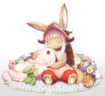  :&lt; animal_ears bangs bunny_ears closed_eyes creature ears_through_headwear eyebrows_visible_through_hair facing_viewer flower furry gradient gradient_background helmet horns long_hair made_in_abyss mitty_(made_in_abyss) munuu nanachi_(made_in_abyss) pants paws sidelocks sitting stuffed_animal stuffed_bird stuffed_toy tail whiskers white_background white_hair 
