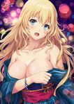  alternate_costume artist_name atago_(kantai_collection) bare_shoulders blonde_hair blue_eyes blue_kimono blush breasts cleavage collarbone covering covering_breasts embarrassed hair_between_eyes japanese_clothes kantai_collection kimono large_breasts long_hair looking_at_viewer nail_polish obi open_clothes open_kimono open_mouth purple_sash red_nails sakiyamama sash solo upper_body wristband yukata 