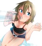  apple_(ygbhjdbiulsg) bare_arms bare_shoulders blue_eyes bottle breasts camisole cleavage denim denim_shorts downblouse drinking from_above green_hair hair_between_eyes idolmaster idolmaster_cinderella_girls looking_up medium_breasts midriff navel open_fly open_mouth short_hair short_shorts shorts sitting sleeveless solo sweat tada_riina water_bottle 