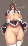  1girl aa_megami-sama ahoge areolae blush breasts breasts_outside brown_eyes brown_hair censored curvy dress huge_breasts large_areolae long_hair looking_at_viewer nipples plump pussy skuld smile solo sweat thick_thighs thighhighs waterproof-pigeon wide_hips 