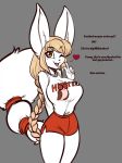  &lt;3 anthro big_breasts blonde_hair braided_hair breasts canid canine clothing dialogue english_text female fennec fox hair hooters long_ears mammal oriana scorpdk shirt shorts text 