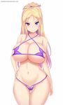  &gt;:) arm_at_side artist_name ass_visible_through_thighs bare_arms bare_shoulders bikini blonde_hair breasts cleavage closed_mouth commentary cowboy_shot criss-cross_halter curvy gradient_hair halterneck hand_on_hip huge_breasts kainkout long_hair looking_at_viewer micro_bikini multicolored_hair narrow_waist naughty_face navel parted_lips pink_hair ponytail purple_bikini shiny shiny_skin simple_background skindentation smile smug solo standing stomach swimsuit thigh_gap thighs tsurime v-shaped_eyebrows valkyrie_drive viola_(valkyrie_drive) watermark web_address white_background wide_hips 