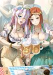  ;d alcohol apron bare_shoulders beer beer_mug blue_eyes blush bracelet braid breasts cleavage crowd cup dirndl earrings elisa_anker flower food french_braid ge_xi german_clothes hair_between_eyes hair_flower hair_ornament highres holding holding_cup jewelry large_breasts lavender_hair lien_ai-chiang multiple_girls necklace oktoberfest one_eye_closed open_mouth original pendant puffy_short_sleeves puffy_sleeves red_hair sausage short_sleeves sitting smile toast_(gesture) waist_apron witches_in_7th_base wreath yellow_eyes 