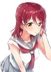  adjusting_hair bare_arms blush breasts eyebrows_visible_through_hair grey_skirt hair_ornament hairclip half_updo hand_in_hair hand_up leaning_forward long_hair looking_at_viewer love_live! love_live!_sunshine!! medium_breasts neckerchief parted_lips pleated_skirt red_hair red_neckwear sahara_(charlotte) sakurauchi_riko school_uniform serafuku shirt short_sleeves skirt sleeveless sleeveless_shirt solo sweat tareme uranohoshi_school_uniform white_shirt yellow_eyes 