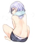  back bare_legs barefoot from_behind full_body highres kinukawa_chinatsu lavender_hair long_hair looking_to_the_side original panties profile short_shorts shorts simple_background sitting solo sweat topless towel tsunekichi underwear wet white_background 