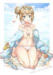  :d artist_name bangs beach bikini blonde_hair blue_eyes breasts cleavage day eyebrows_visible_through_hair girls_frontline hair_between_eyes hair_bun hair_ornament hair_up hairband heart heart_hands highres jacket_on_shoulders letterboxed looking_at_viewer marie_mushroom medium_breasts ocean off_shoulder open_mouth sand seiza sitting smile solo starfish suomi_kp31_(girls_frontline) swimsuit white_bikini 