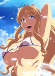  :d arm_up armpits bangs bare_shoulders bikini blonde_hair blue_eyes blue_sky breasts cloud cloudy_sky day esther_(sennen_sensou_aigis) eyebrows_visible_through_hair highres large_breasts long_hair looking_at_viewer open_mouth sennen_sensou_aigis sky smile solo swimsuit tasaka_shinnosuke tiara upper_body white_bikini 