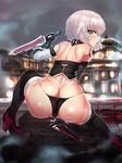  absurdres ass back bandaged_arm bandages bare_shoulders black_legwear black_panties blush butt_crack commentary dimples_of_venus dual_wielding eyebrows_visible_through_hair fate/apocrypha fate_(series) from_behind gloves green_eyes high_heels highres holding jack_the_ripper_(fate/apocrypha) knife lips looking_at_viewer looking_back night open_mouth outdoors panties scar shiny shiny_skin short_hair shoulder_blades shoulder_tattoo silver_hair skindentation solo squatting suisogenshi tattoo thighhighs thighs underwear weapon 