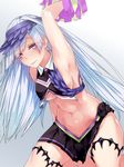  arm_up armpits bare_shoulders black_skirt blush breasts brynhildr_(fate) cheer_for_master cheerleader closed_mouth commentary_request cowboy_shot crop_top crop_top_overhang fate/grand_order fate_(series) headgear highres karan long_hair looking_at_viewer medium_breasts navel pom_pom_(clothes) purple_eyes sideboob silver_hair skirt smile solo stomach sweat very_long_hair 